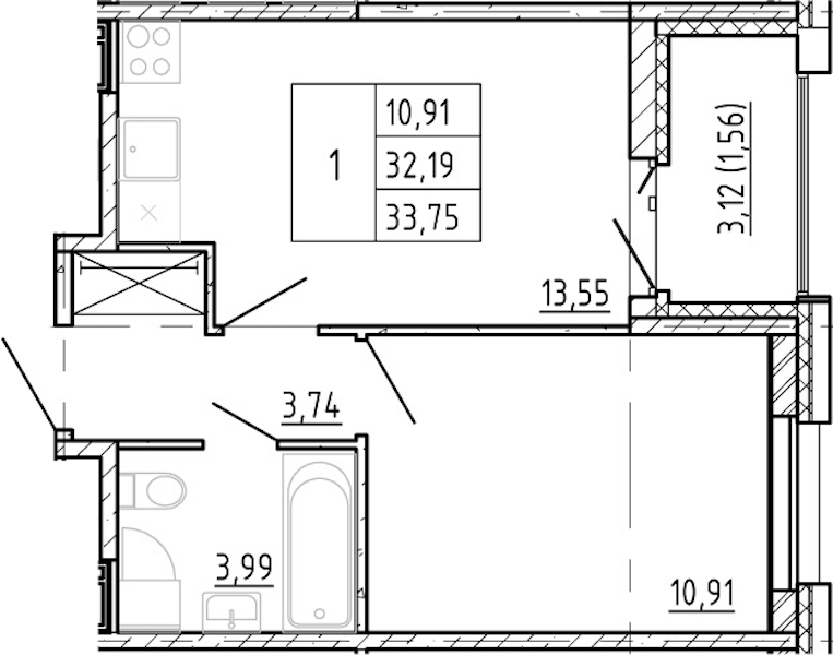 1-комнатная квартира 32.19 м², 7/12 эт., ЖК «Полис Новоселье»